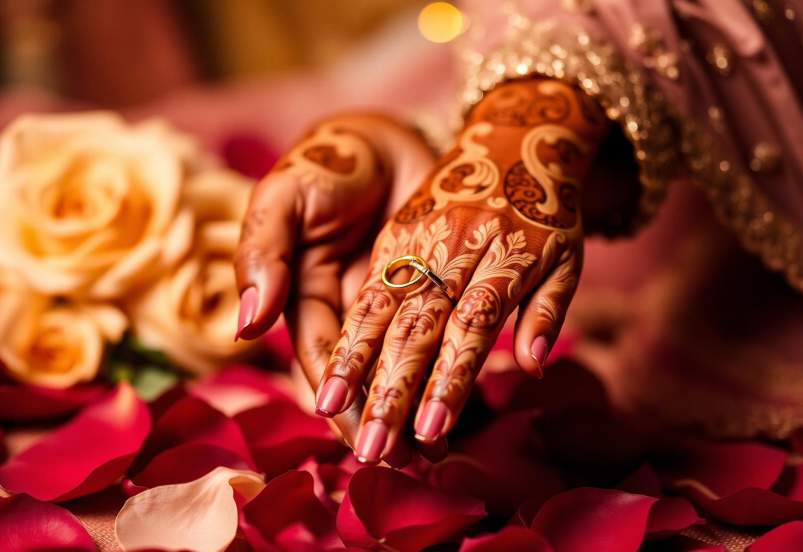 Golden mehndi hands with wedding rings on rose petals